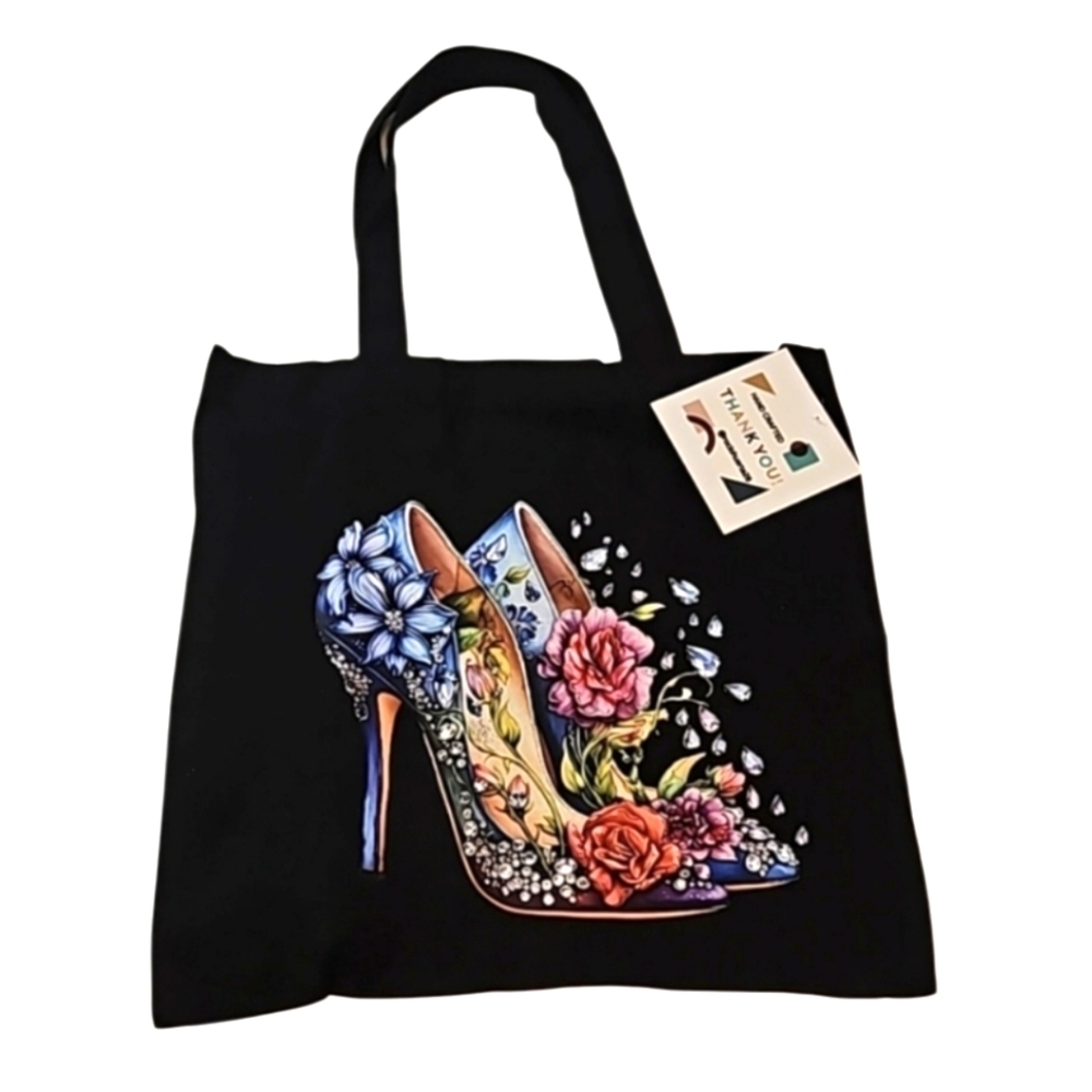 Hand Crafted Reusable Black Canvas Tote Bag 100% Cotton Floral Blue Heels 13x13"